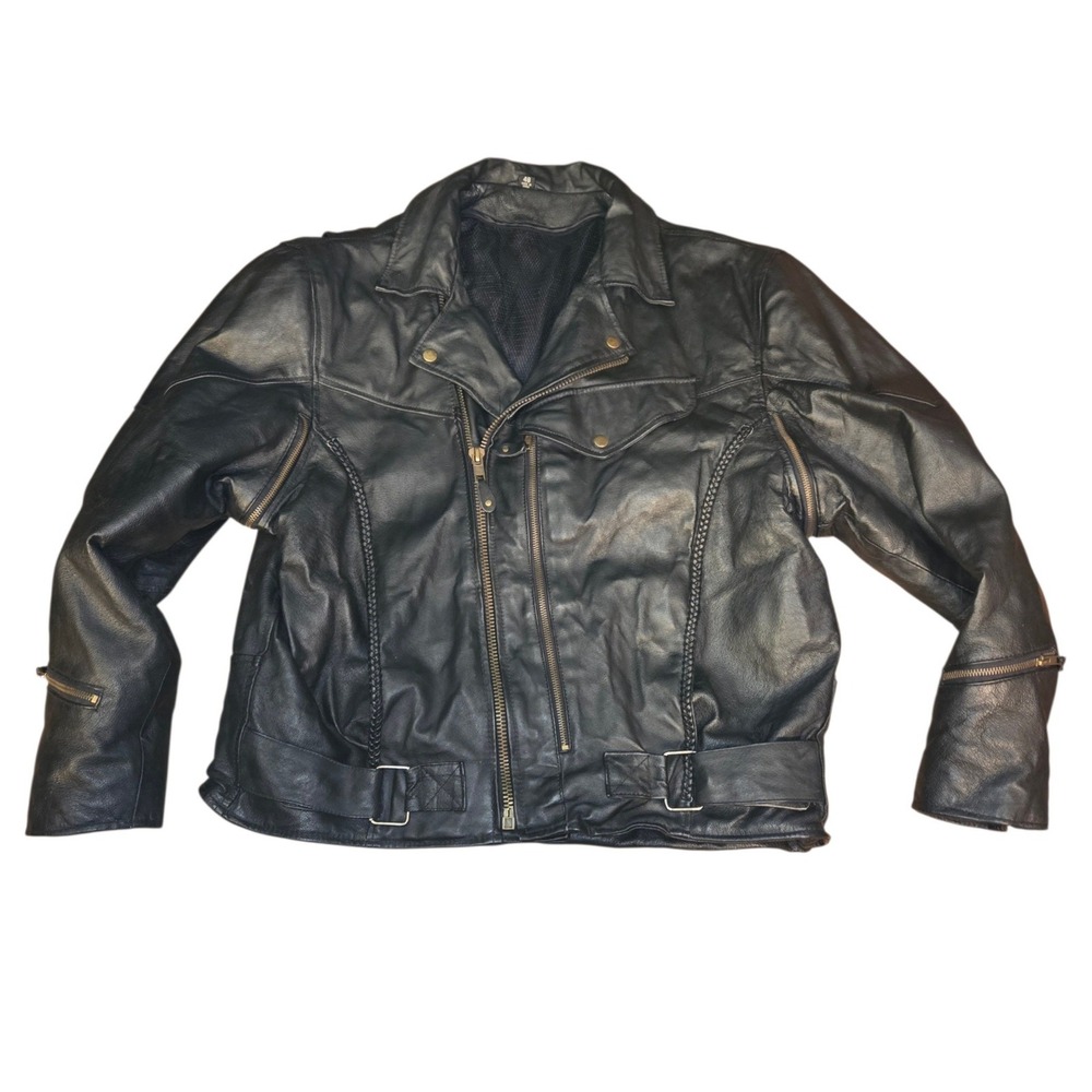 Unbranded Biker Jacket Mens 48 Black Leather Asymmetric Zip Braided Trim Vented